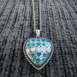 Brighton Amore Shades Silver Heart Necklace with Blue and Turquoise Accents